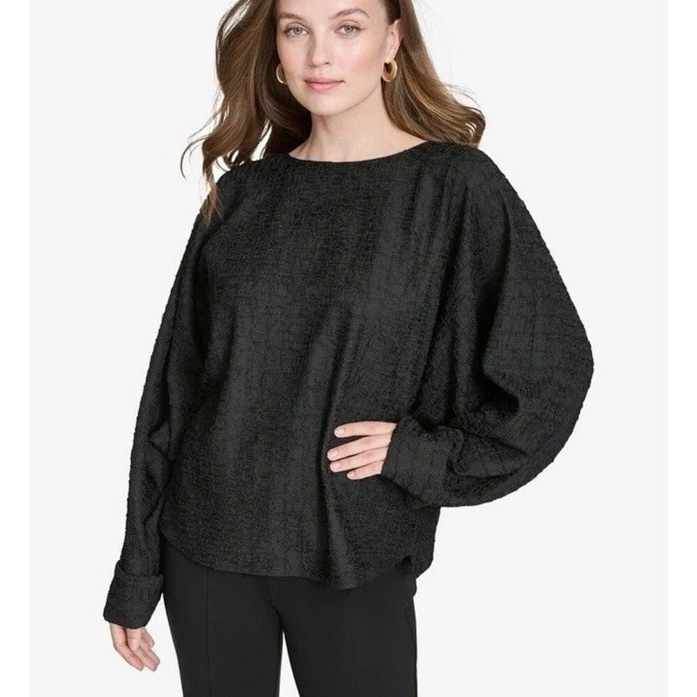 Halston Women's Black Texture Dolman-Sleeve Cuffed Blouse Top Size XL